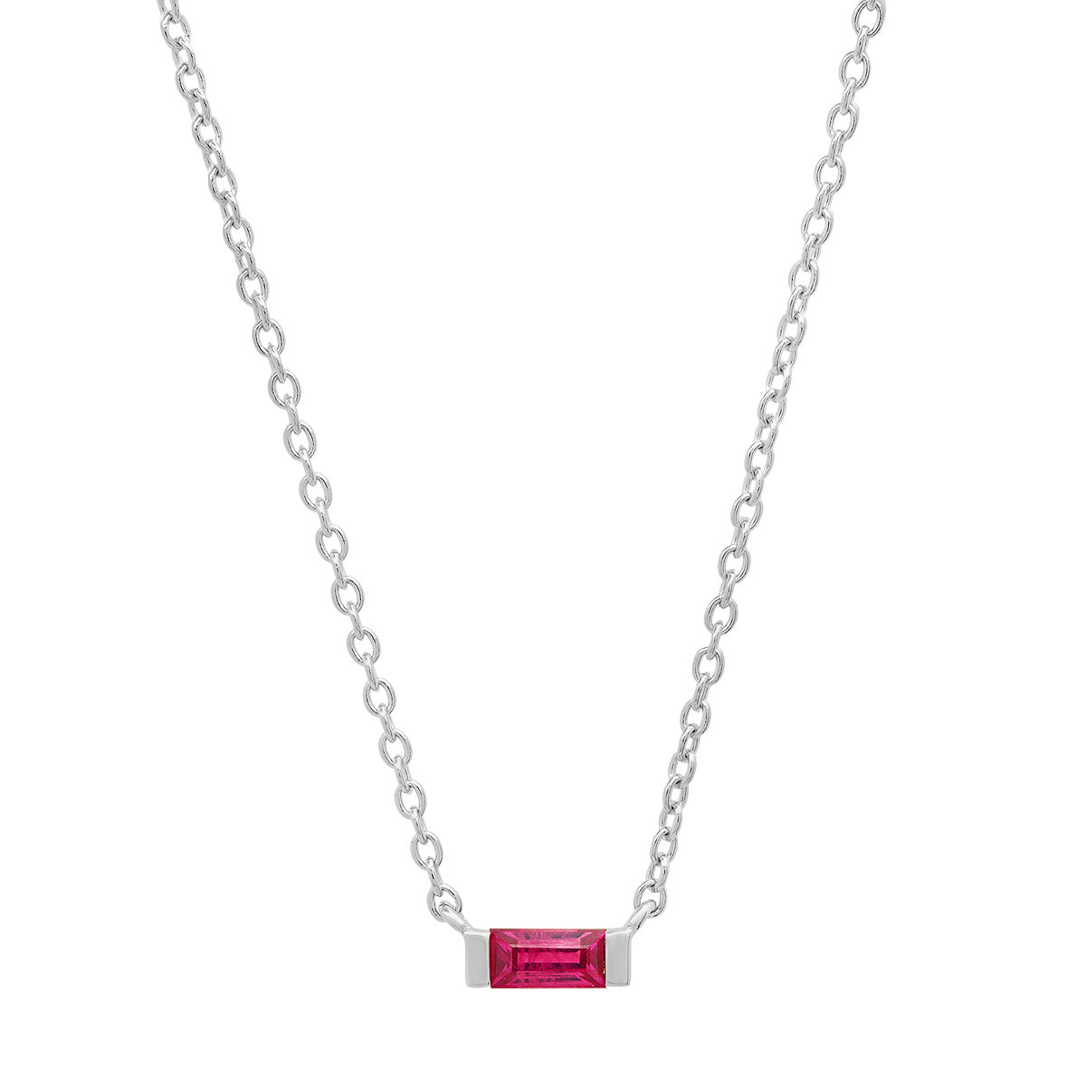 14K White Gold Solitaire Ruby Baguette Necklace