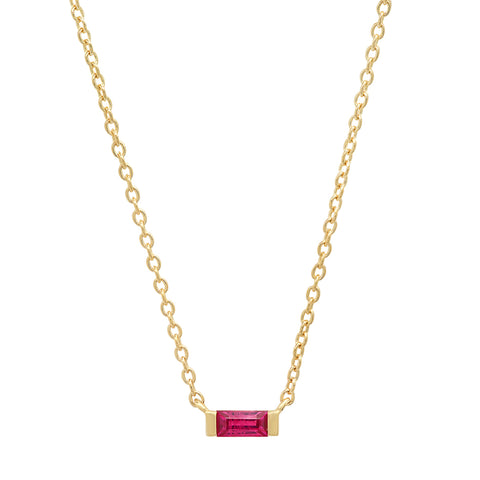14K Yellow Gold Solitaire Ruby Baguette Necklace
