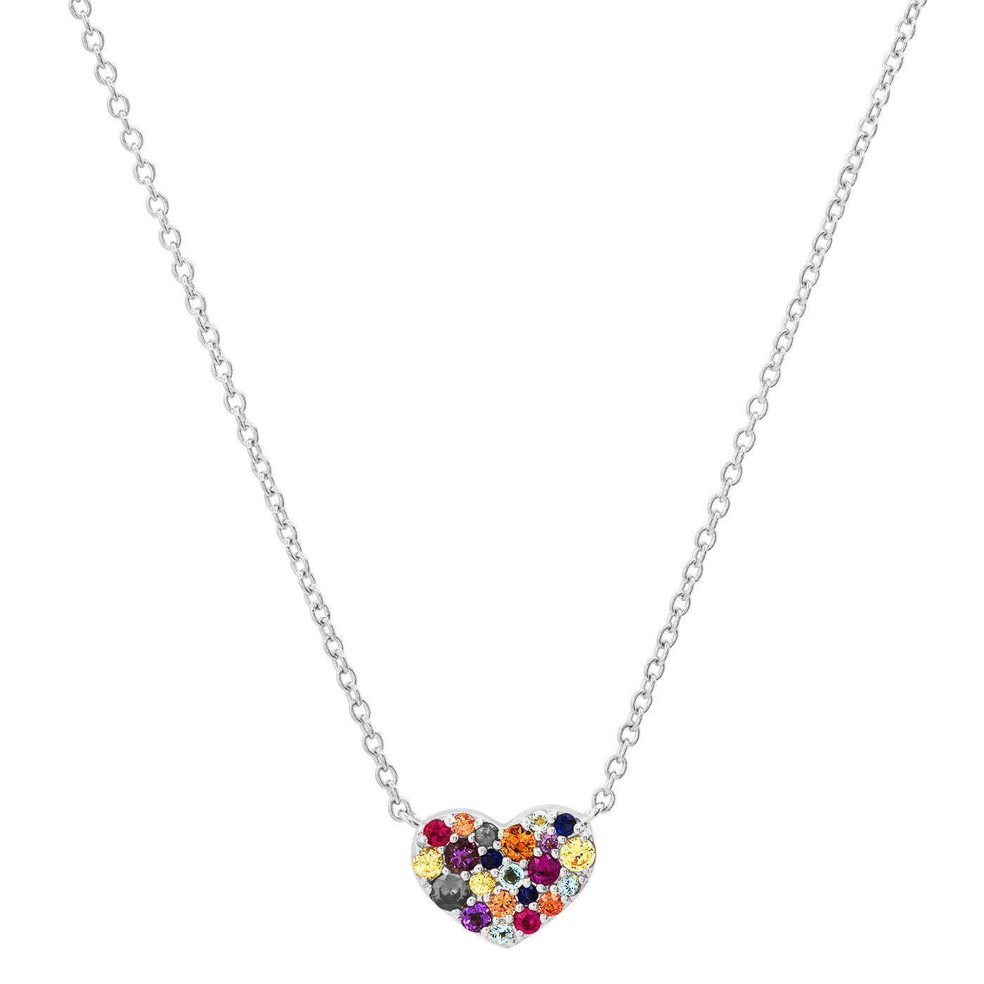 14K White Gold Multi Colored Smushed Heart Necklace