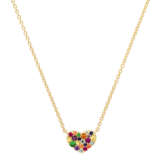 14K Yellow Gold Multi Colored Smushed Heart Necklace