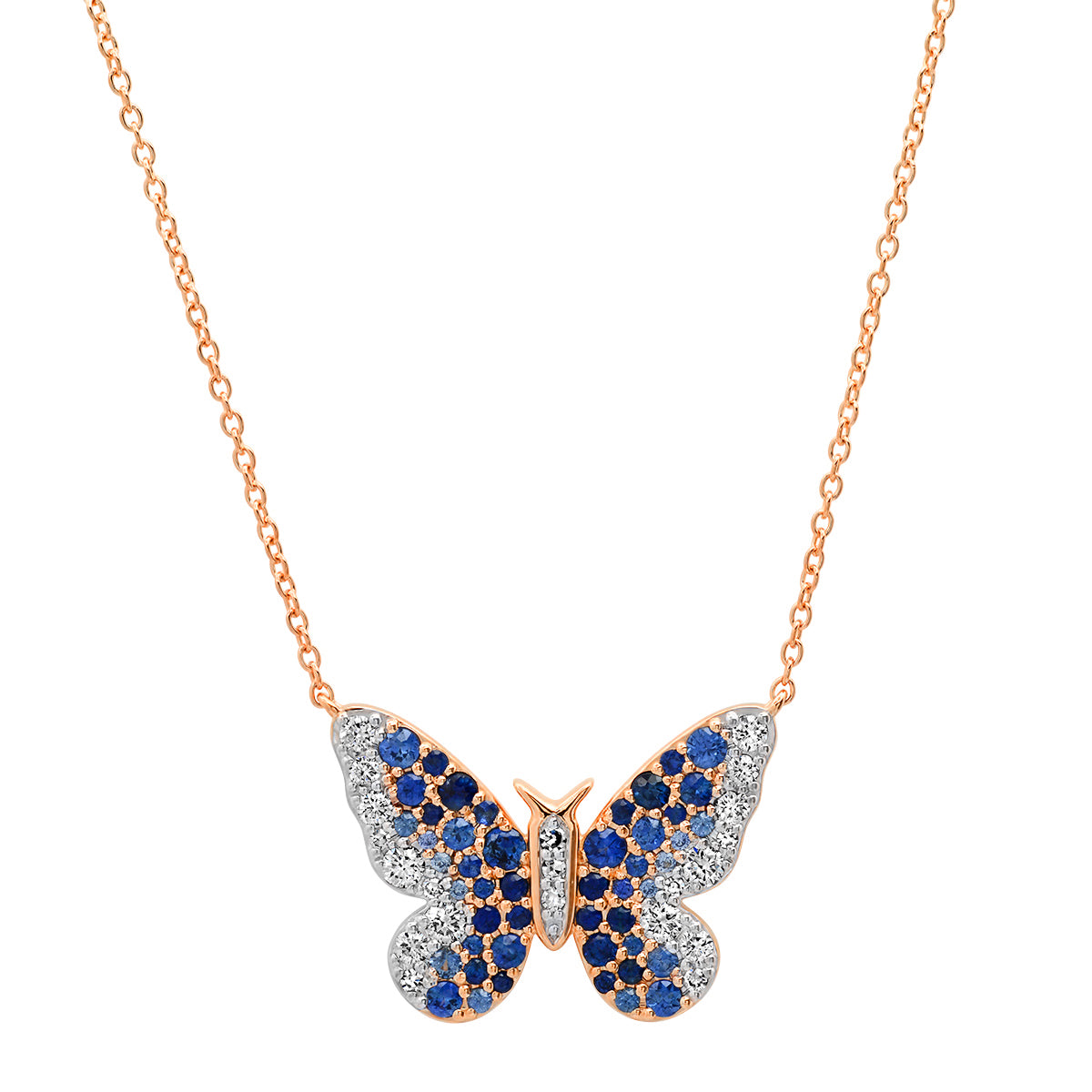 14K Rose Gold Blue and Diamond Ombré Butterfly Necklace