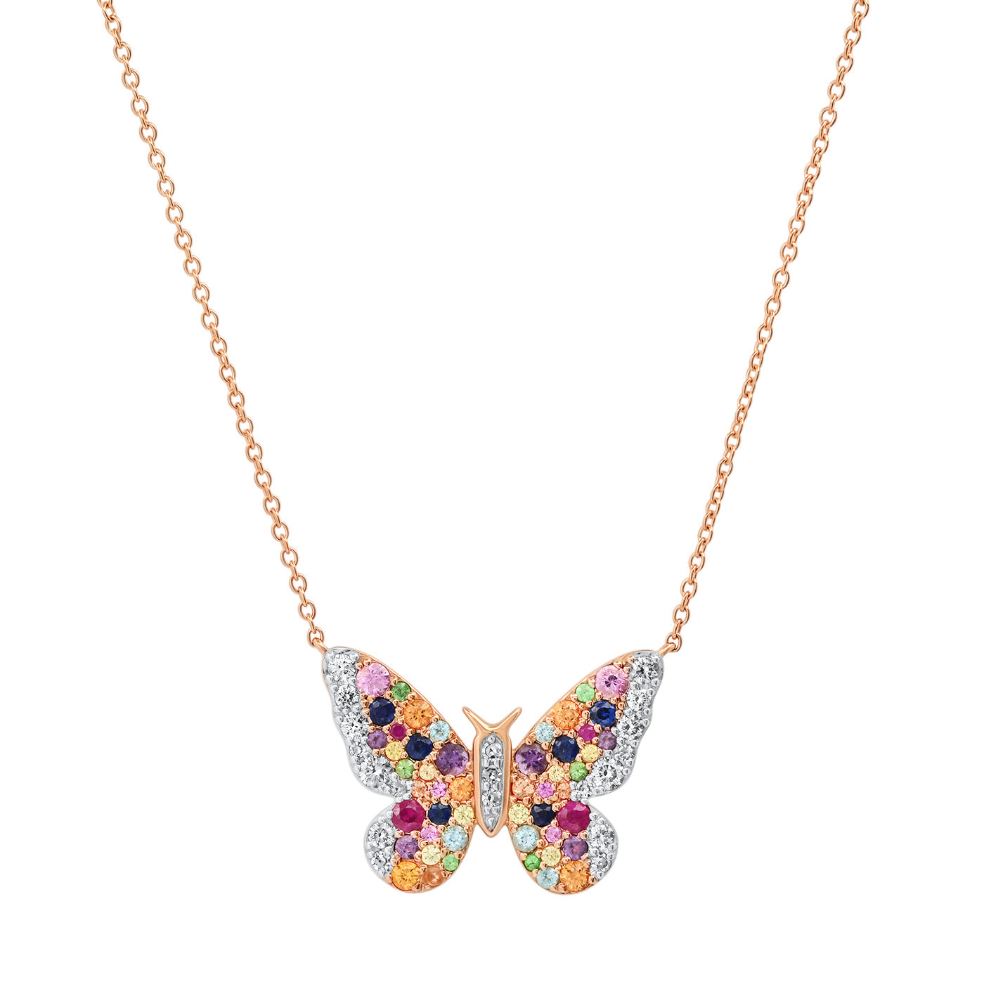 14k Rose Gold Multi Colored and Diamond Butterfly Necklace