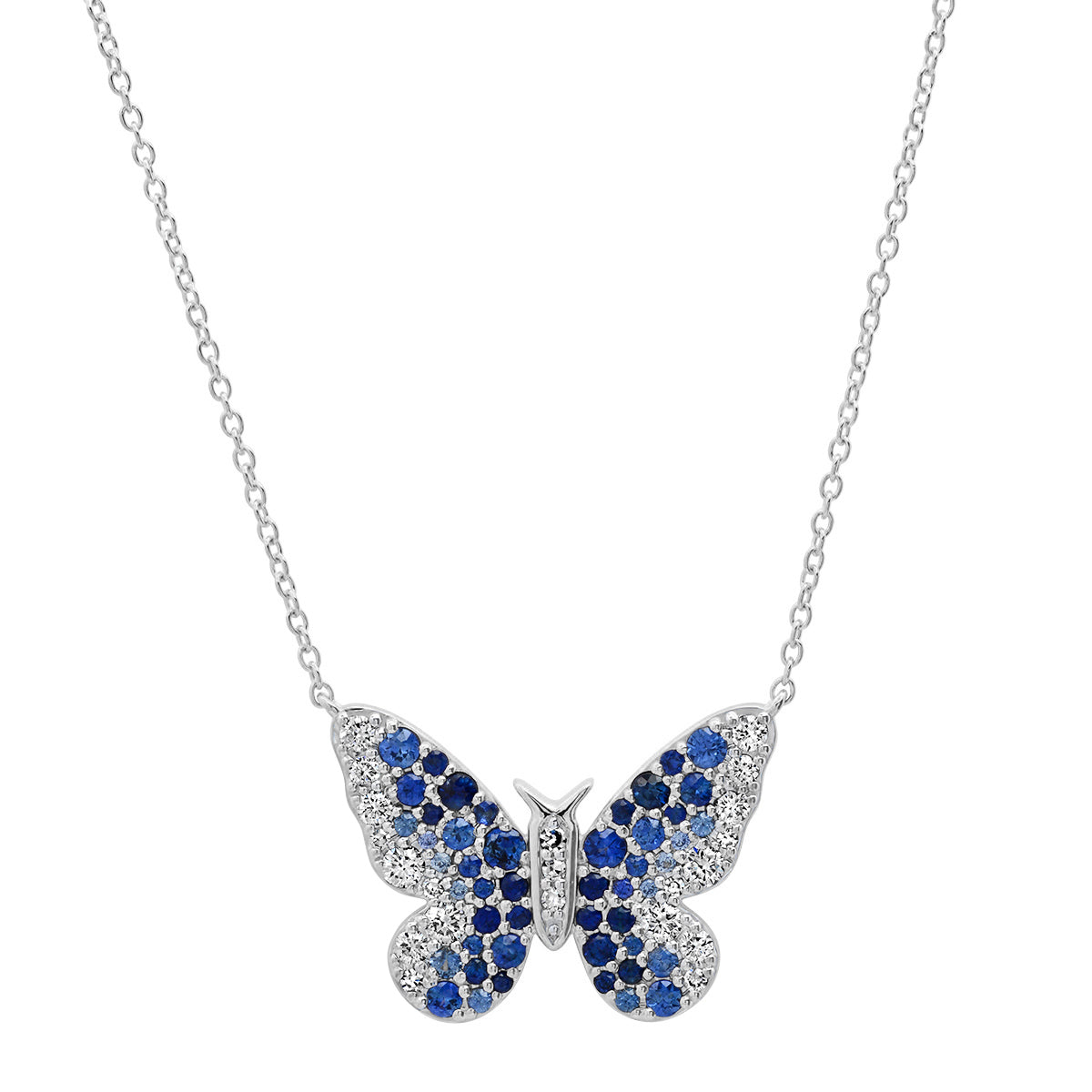 14K White Gold Blue and Diamond Ombré Butterfly Necklace