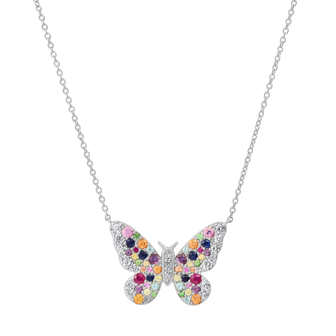 14k White Gold Multi Colored and Diamond Butterfly Necklace