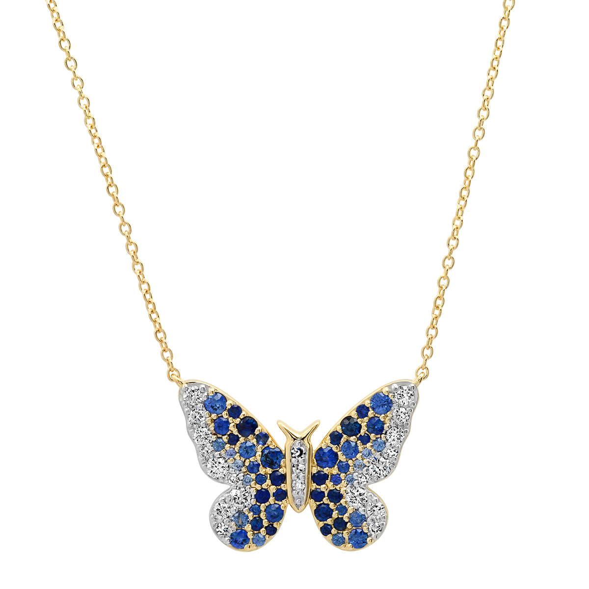 14K Yellow Gold Blue and Diamond Ombré Butterfly Necklace