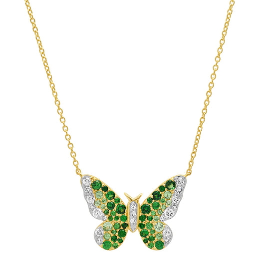 14K Yellow Gold Green and Diamond Ombré Butterfly Necklace