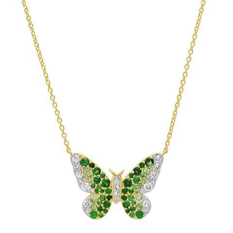 14K Yellow Gold Green and Diamond Ombré Butterfly Necklace