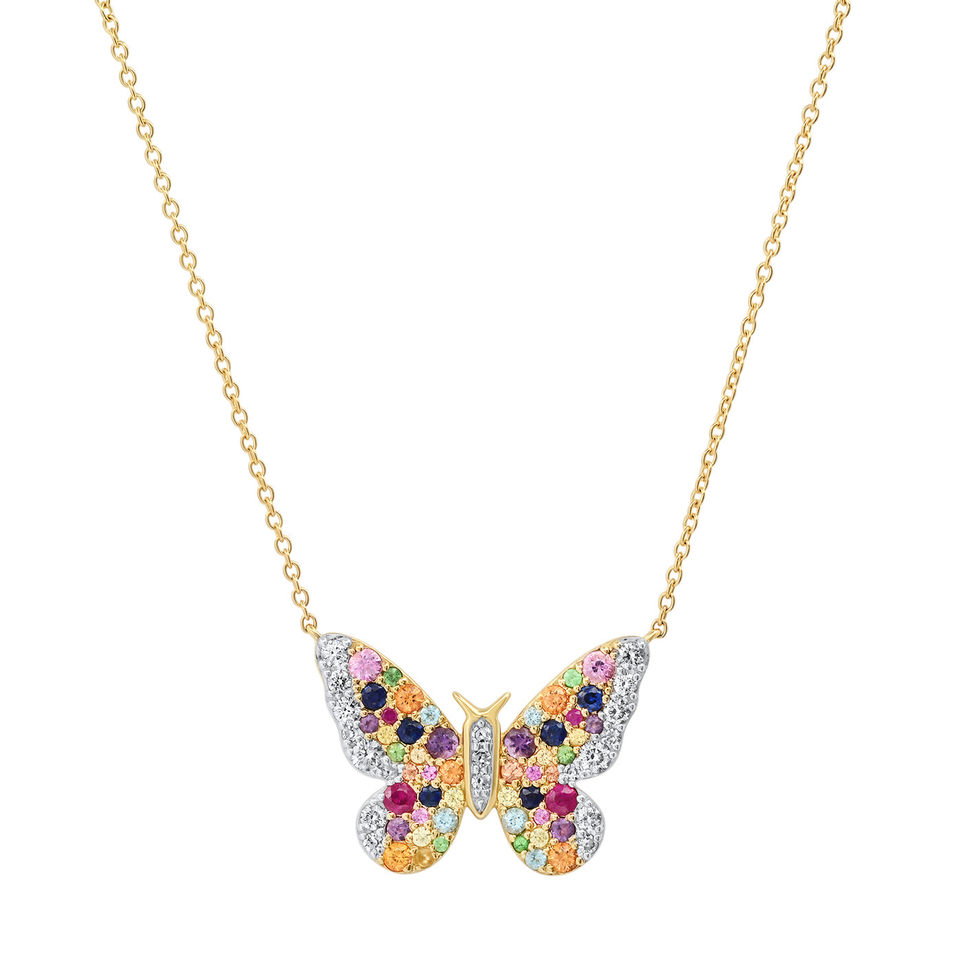 14k Yellow Gold Multi Colored and Diamond Butterfly Necklace