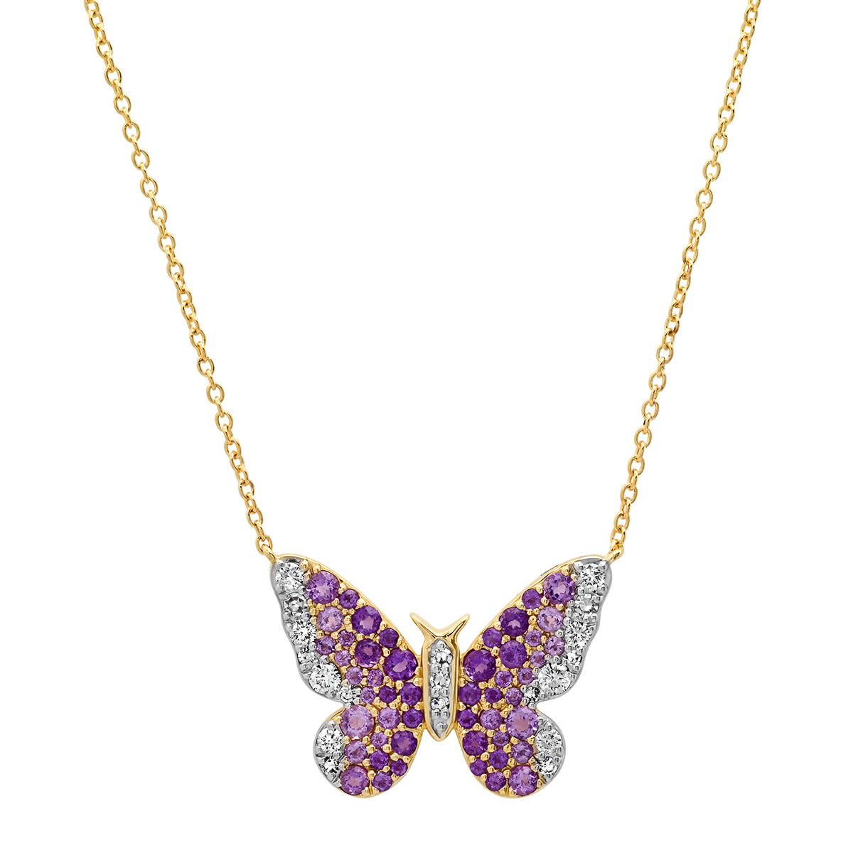 14K Yellow Gold Purple and Diamond Ombré Butterfly Necklace