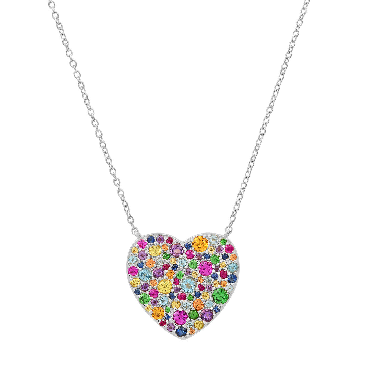 14K White Gold Classic Multi Colored Heart Necklace