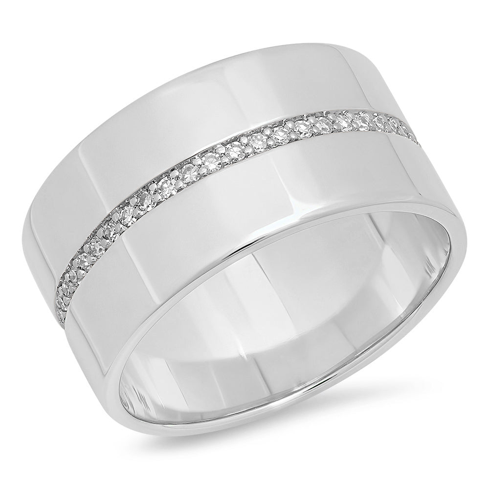 14K White Gold Cigar Band with Pave Diamond Row