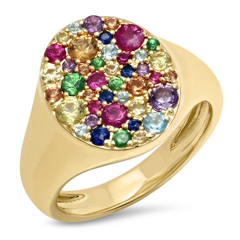 14K Yellow Gold Multi Colored Pinky Signet Ring