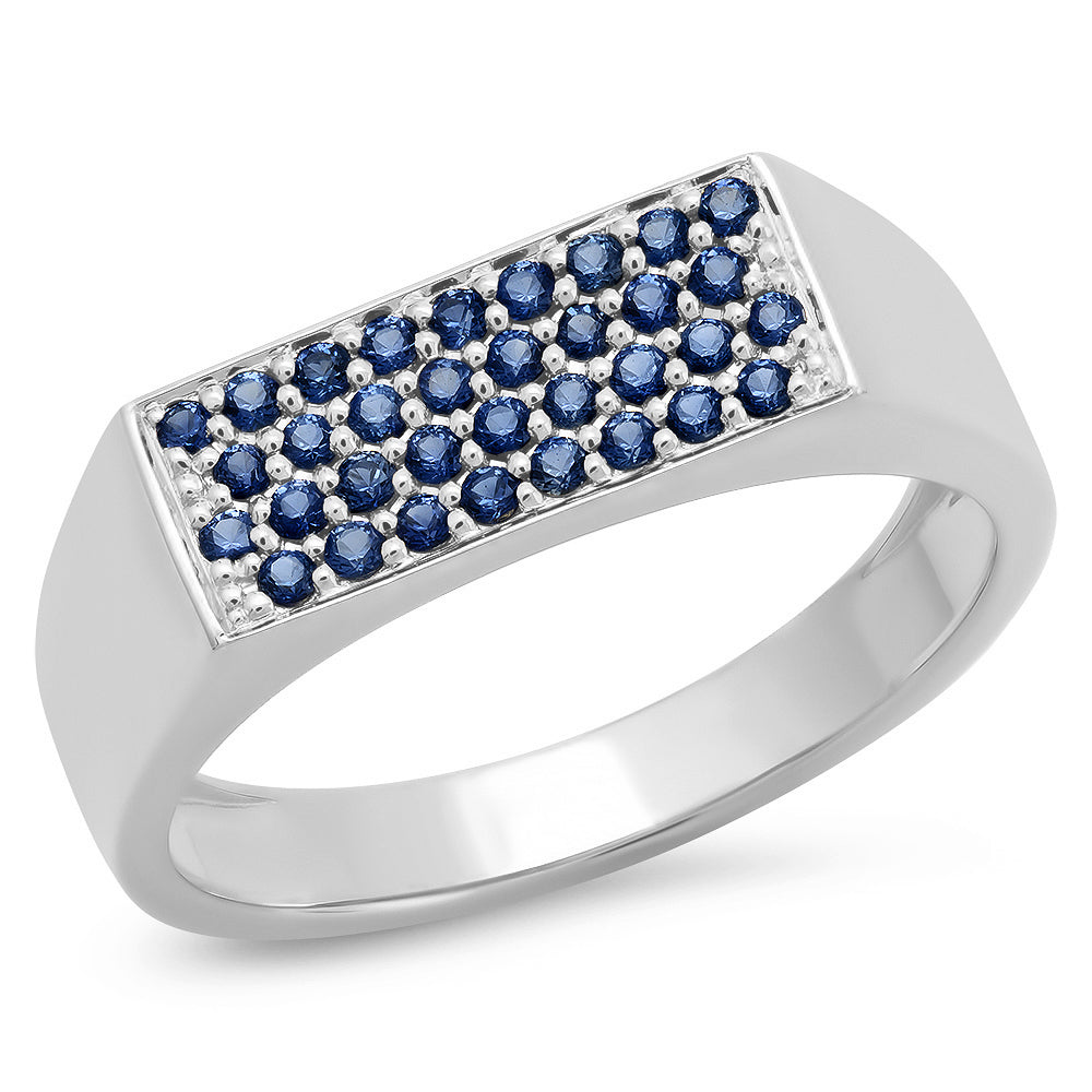 14K White Gold Blue Sapphire Staple Signet Ring