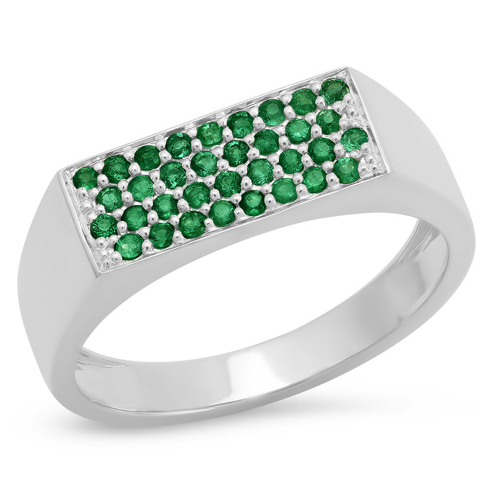 14K White Gold Emerald Staple Signet Ring