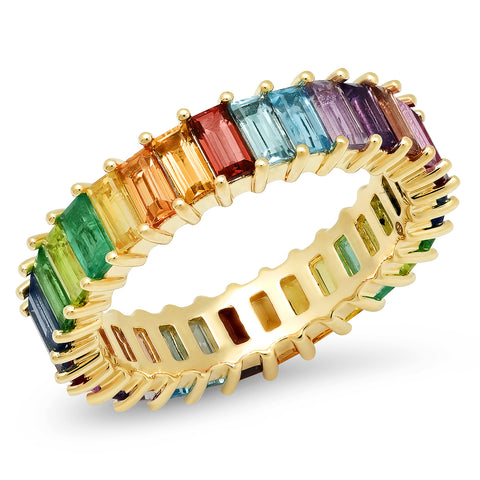 14K Yellow Gold Multi Colored Vertical Baguette Ring