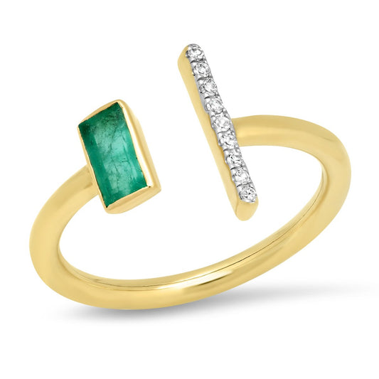 14K Yellow Gold Open Emerald and Diamond Bar Ring