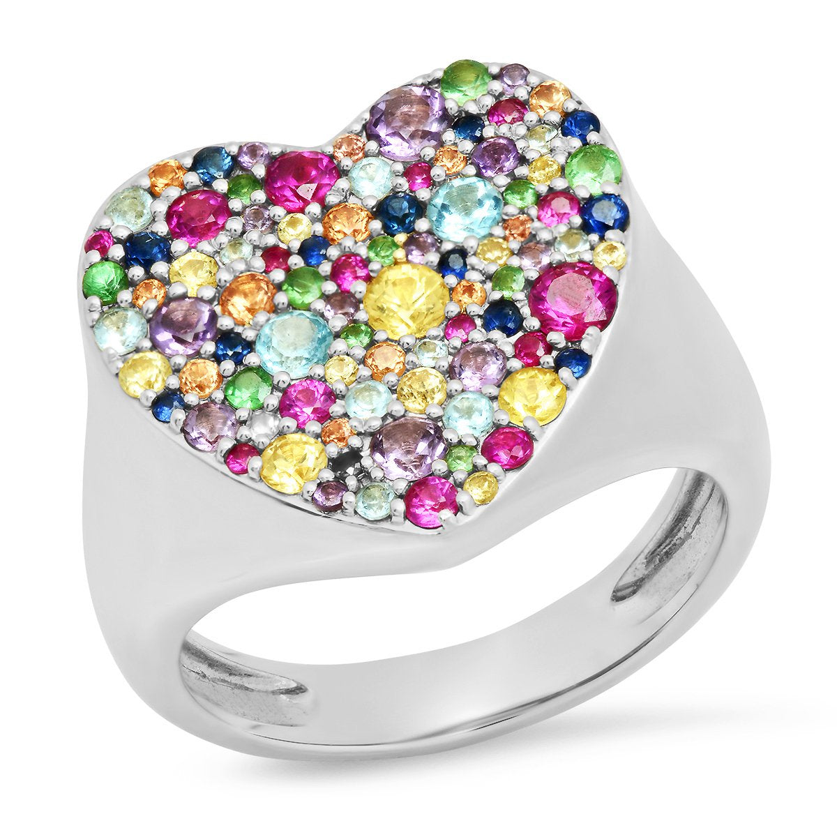 14K White Gold Multi Colored Heart Signet Ring