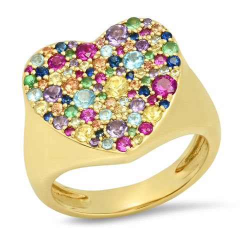 14K Yellow Gold Multi Colored Heart Signet Ring