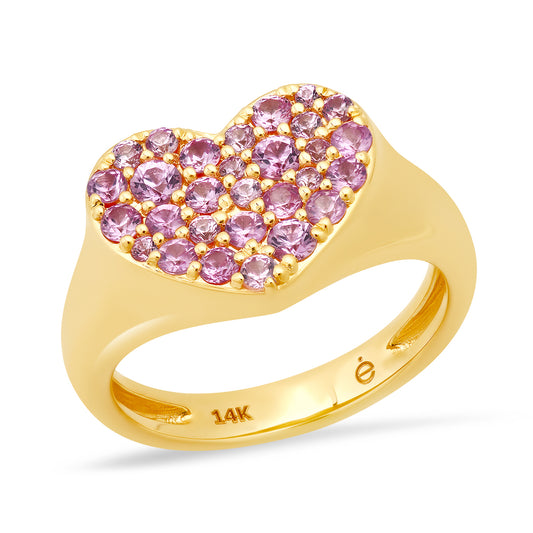 14K Yellow Gold Pink Sapphire Smushed Heart Pinky Ring