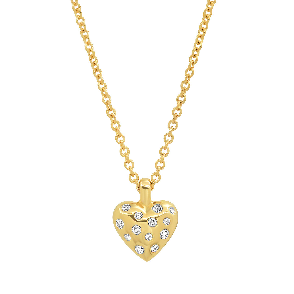 14K Yellow Gold Mini Reversible Diamond and Gold Puffy Heart Necklace