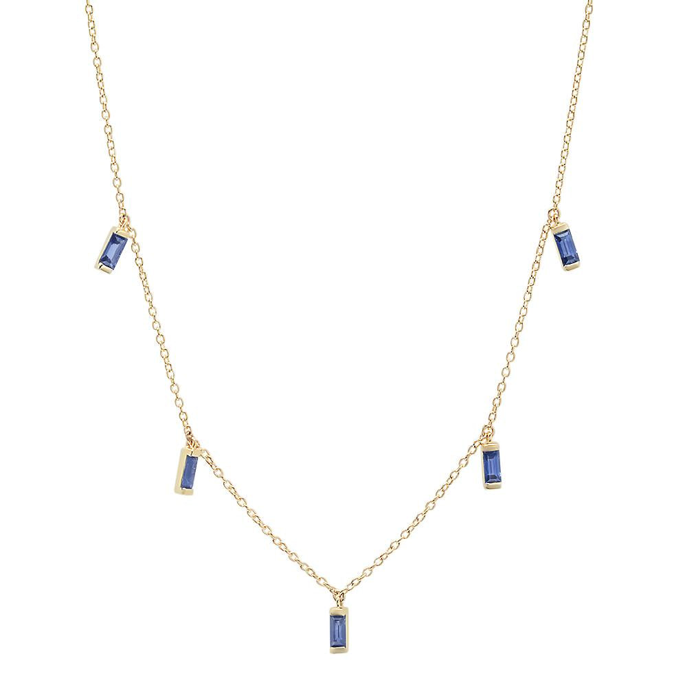 14K Yellow Gold Blue Sapphire Baguette Necklace 