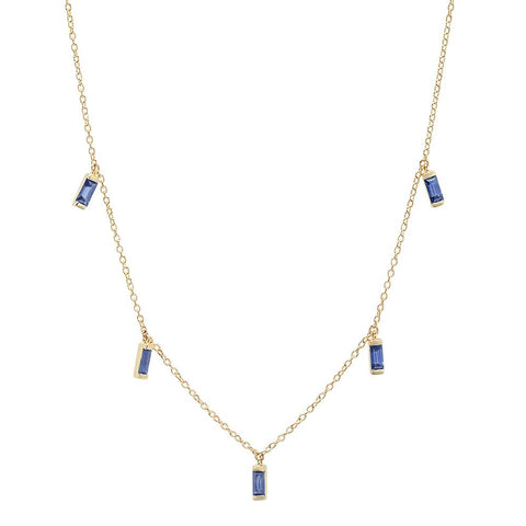 14K Yellow Gold Blue Sapphire Baguette Necklace 