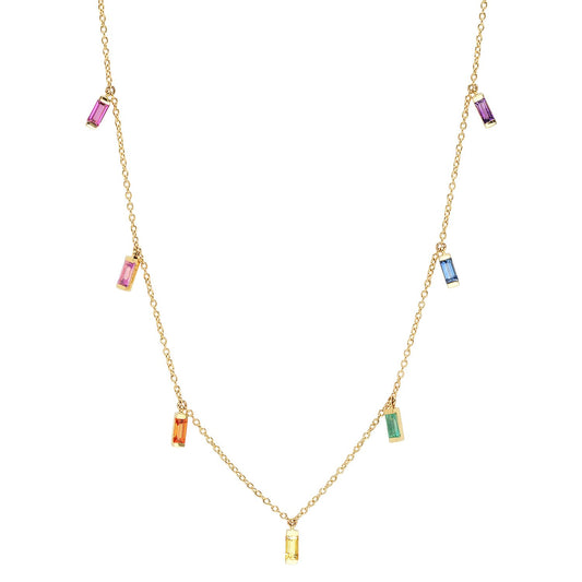 14K Yellow Gold Rainbow Baguette Necklace